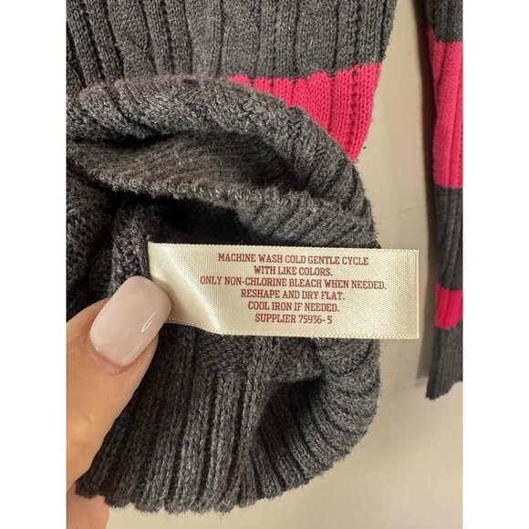 VTG Y2K Arizona Pink Charcoal Striped V-Neck Cable Knit Sweater XL 90s Cozy Knit - Picture 6 of 9